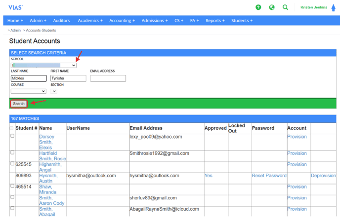 student account admin screen