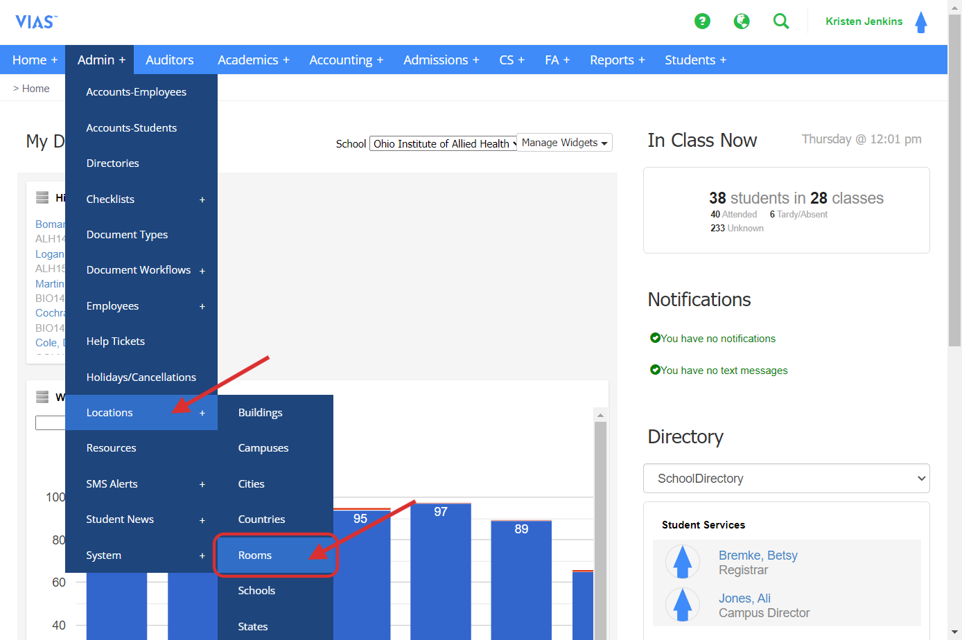 Enter room locations into VIAS by going to Admin > Locations + > Rooms. Click on Rooms. 
