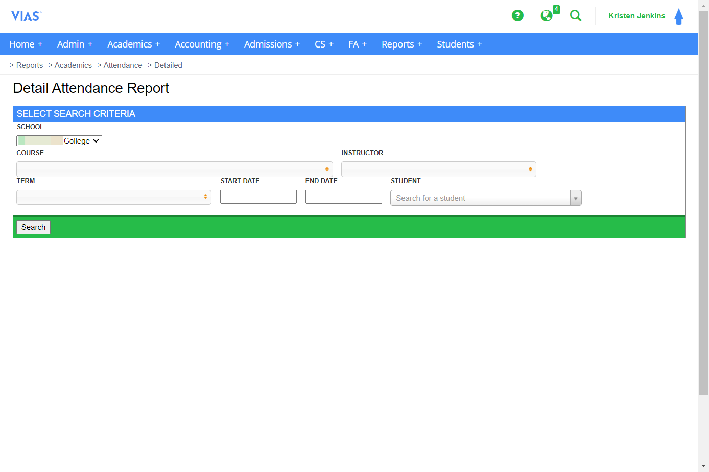 You can filter this report and search by student, course, term, instructor, or date range. I am searching by student since I need the detailed attendance of one section's attendance. 