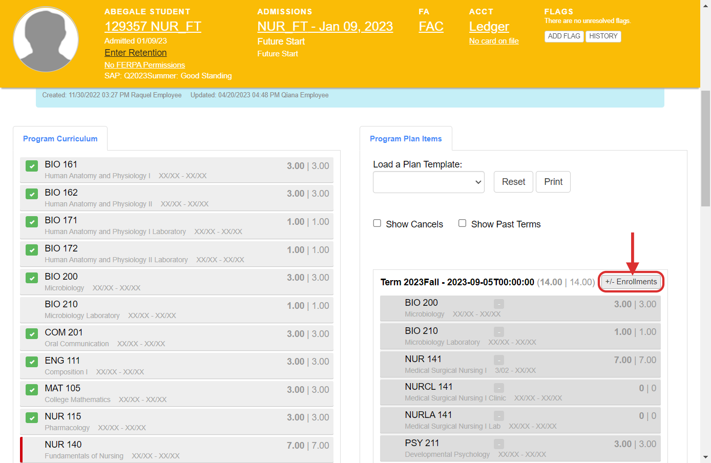 Click on +/- Enrollments